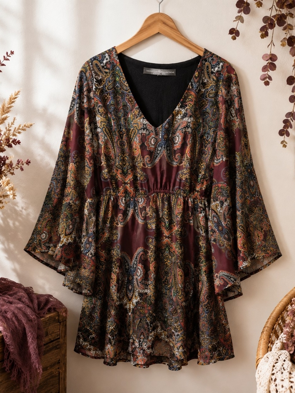 Signature Collection Paisley Boho Tunic Dress Burgundy Bell Sleeve 1X